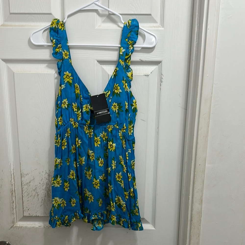 Audrey Lane Blue Ruched Ruffle Tank Top nwt